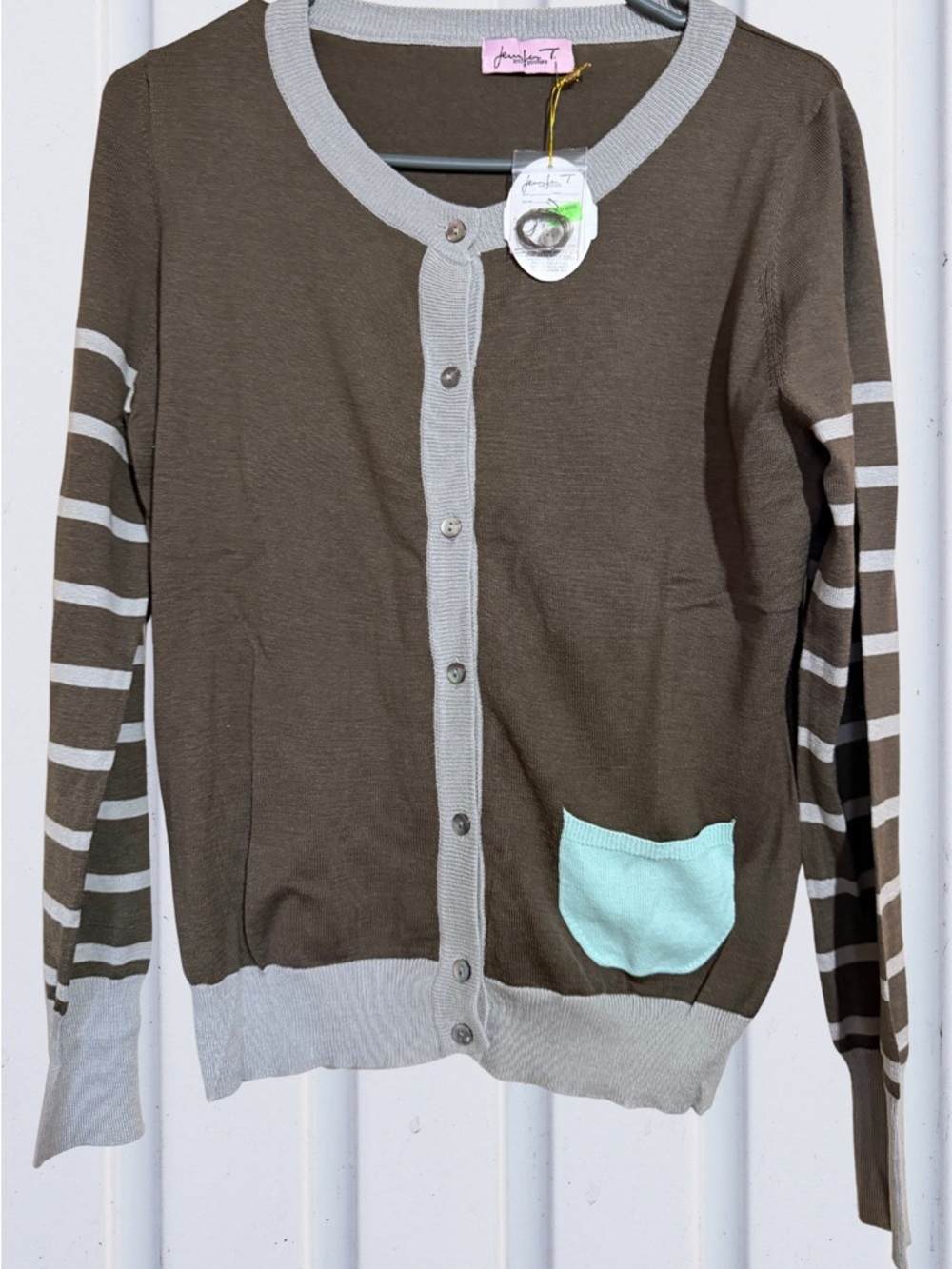 Joules Brown Contrast-Trim Cardigan with Mint Pocket